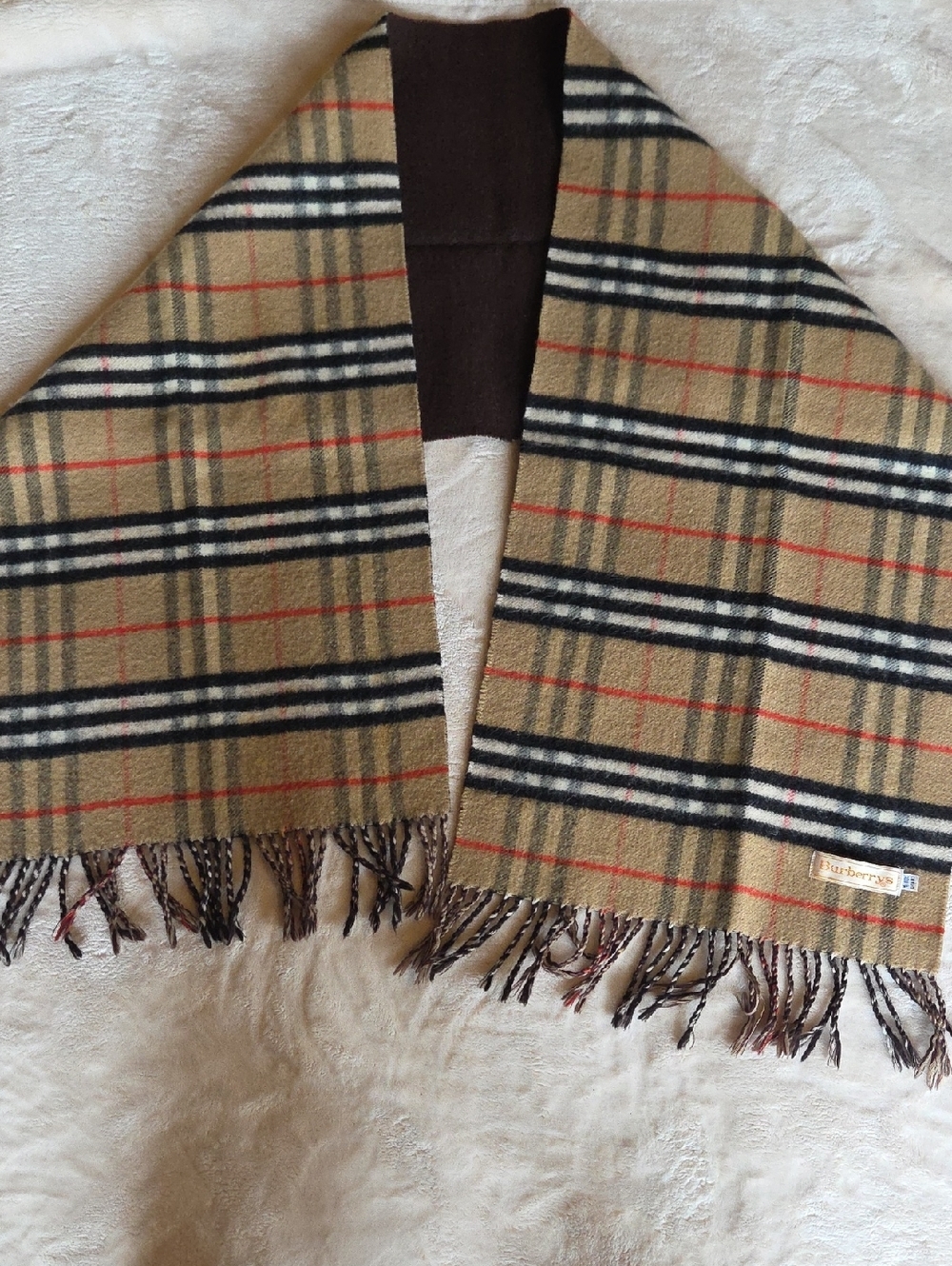 Burberry Tan Black Red Plaid Fringed Wool Scarf Double Sided